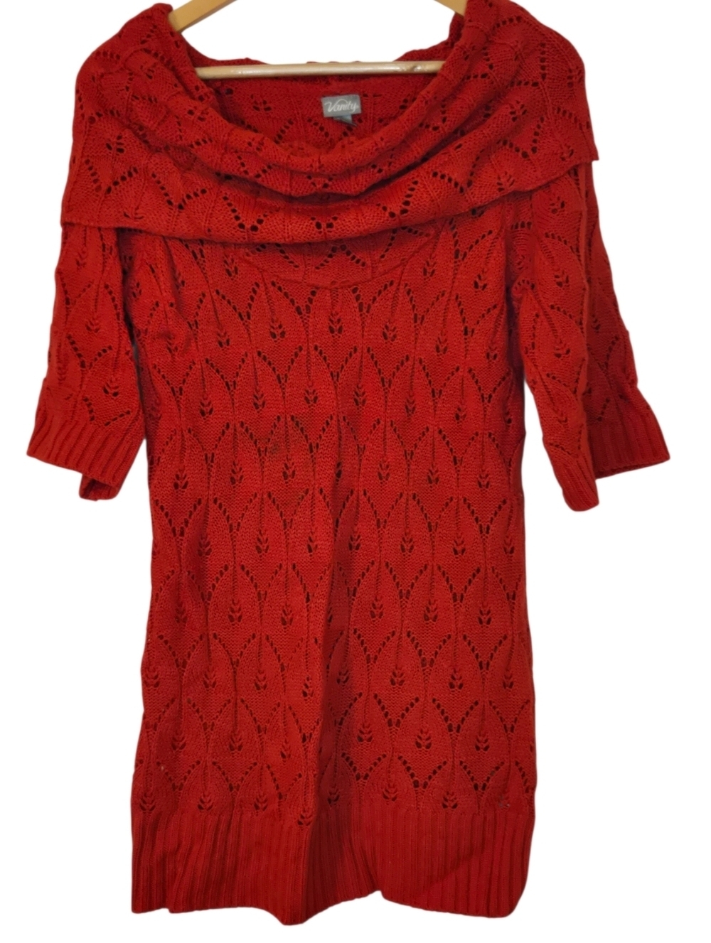 Y2K Red Off Shoulder Sweater Dress Medium Cozy Knit Tunic Vanity - Picture 2 of 5